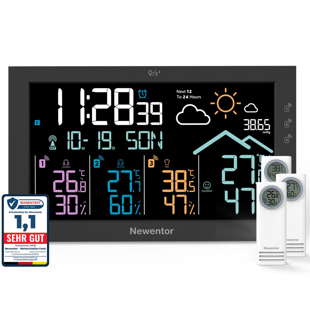 Newentor Wetterstation Funk mit Aussensensor, 3 Aussensensoren, Schwarz | Wetterstation mit 3 Aussen
