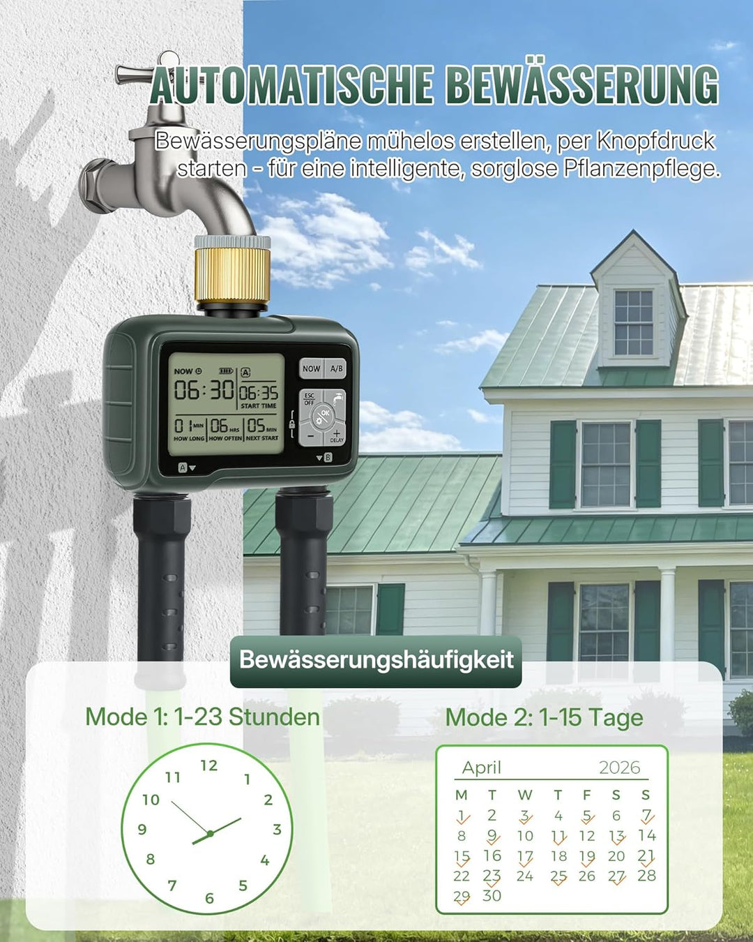 2-Zonen Bewässerungscomputer, Gartenschlauch Zeitschaltuhr Gartenbewässerung, programmierbare Bewäss