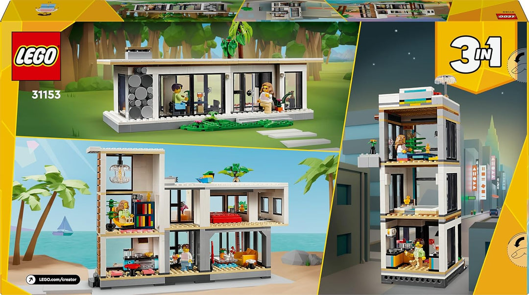 LEGO Creator Modernes Haus, 3-in-1-Set zum Umbauen in EIN Stadthaus oder eine Waldhütte, Modellhaus,
