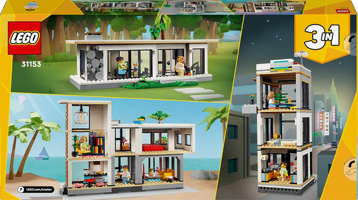 LEGO Creator Modernes Haus, 3-in-1-Set zum Umbauen in EIN Stadthaus oder eine Waldhütte, Modellhaus,