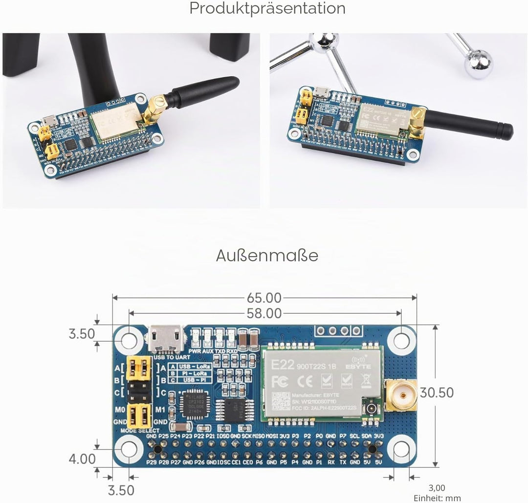 Waveshare SX1262 868M LoRa HAT, Compatible with Raspberry Pi, for Europe/Asia/Africa