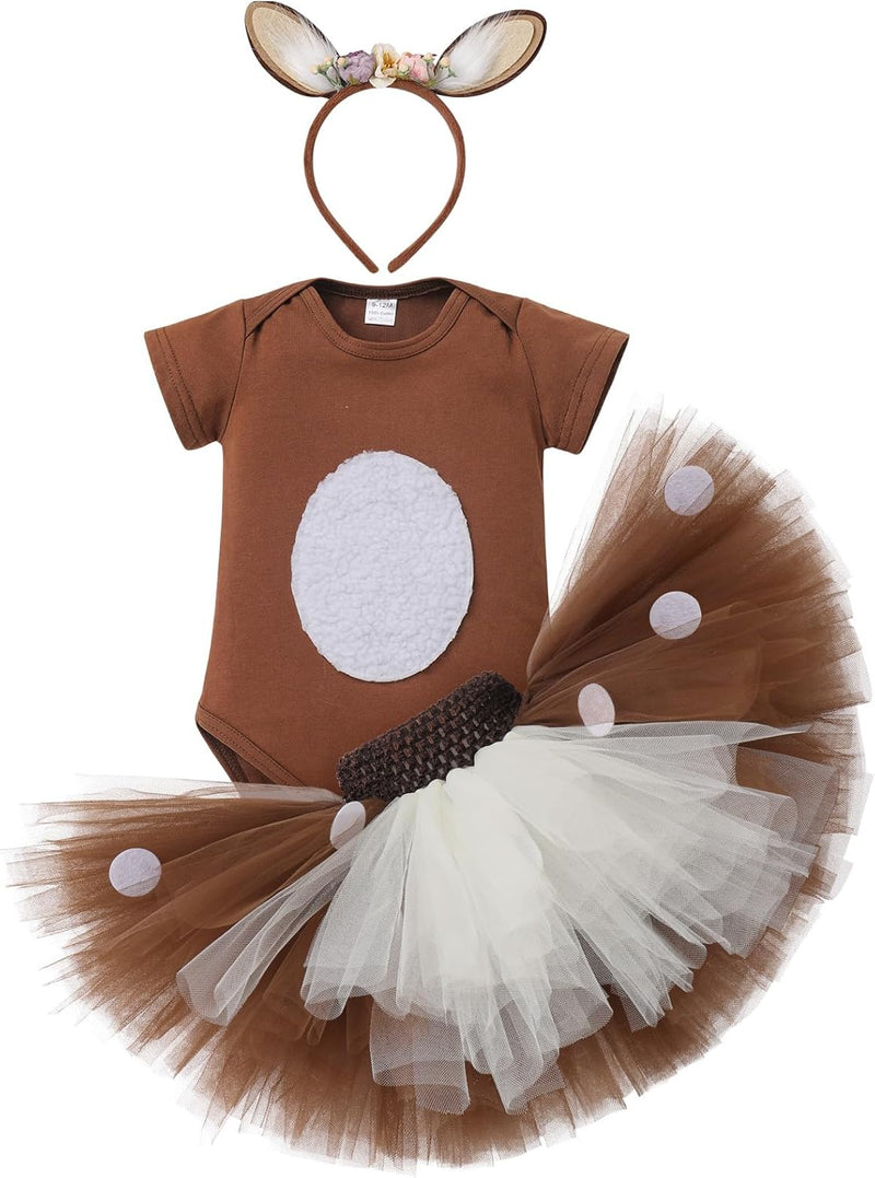 FYMNSI Baby Mädchen Weihnachtsoutfit Rentier Kostüm Baumwolle Body + Tütü Rock + Stirnband 3tlg Set