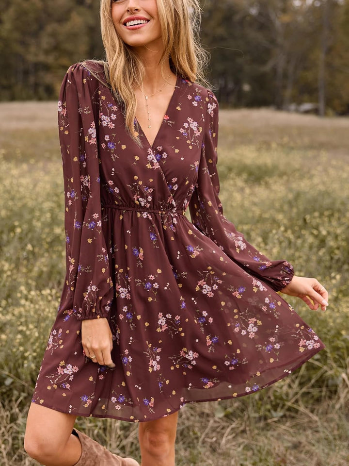 CUPSHE Damen Kleid V Ausschnitt Wickeloptik Transparente Lange Ärmel Blumenmuster Freizeitkleider Wr
