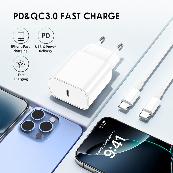 iPhone 17 16 15 Ladegerät, 20W USB C Adapter mit 2M Ladekabel, iPhone Charger, USB C Netzteil Stecke
