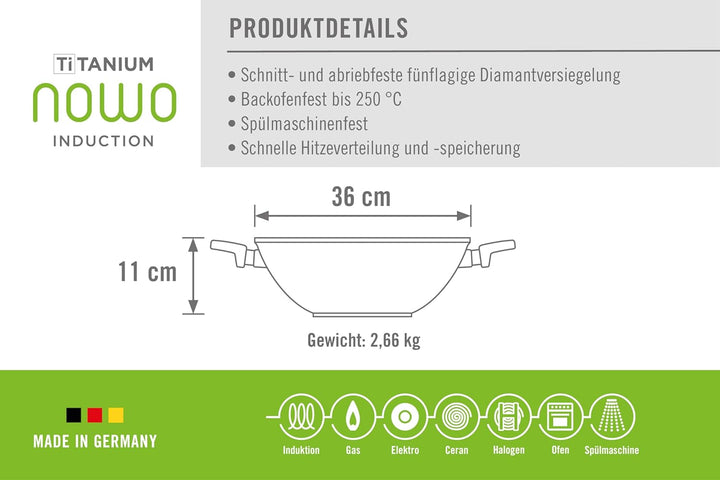 Woll 1136ILL Guss Wok Induktion Titanium Nowo 36 cm Durchmesser, 11 cm hoch mit zwei Seitengriffen i