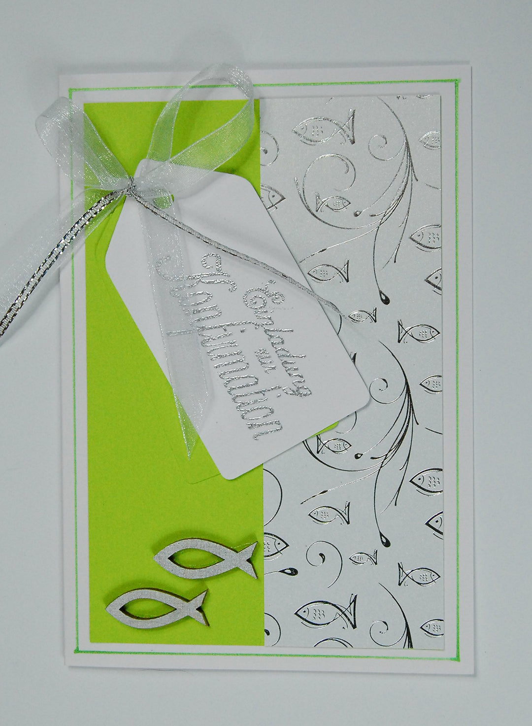 8 x Hochwertige Einladungskarten zur Konfirmation Fische - maigrün *Handmade*grün/hellgrün/maigrün