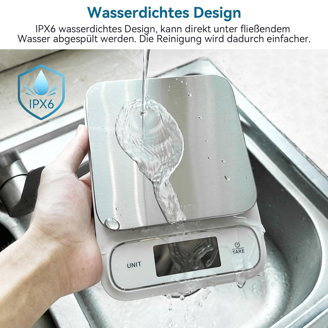 BOMATA Wasserdichte IPX6 Küchenwaage, 0,1g hohe Präzision, 5kg, digitale Waage mit Hintergrundbeleuc