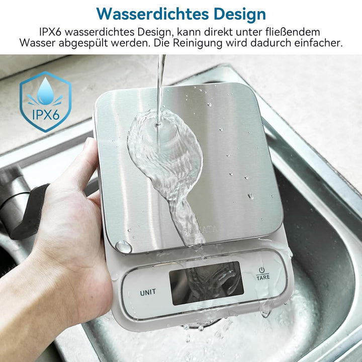 BOMATA Wasserdichte IPX6 Küchenwaage, 0,1g hohe Präzision, 5kg, digitale Waage mit Hintergrundbeleuc