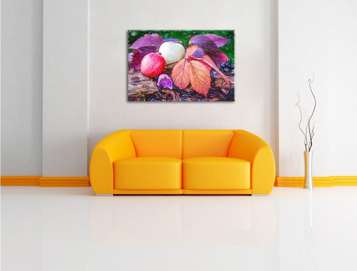 Pixxprint Äpfel und Blätter im Herbst als Leinwandbild | Grösse: 100x70 | Wandbild| Kunstdruck | fer
