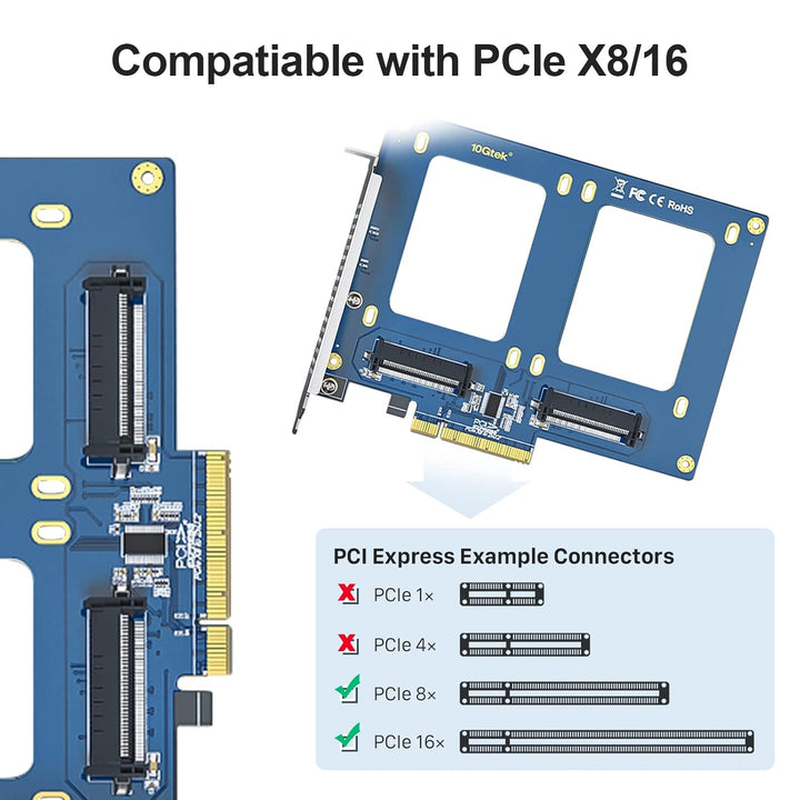 10Gtek PCIe 3.0 to (2) U.2 SFF-8639 Adapter, X8, for 2.5’’ U.2 NVMe SSD or 2.5" SATA SSD PCIe X8 to