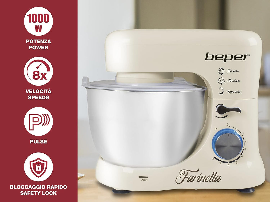 BEPER BP.200 Knetmaschine für Planeten, Leistung 1000 W, Behälter aus Edelstahl mit 4,5 l Fassungsve
