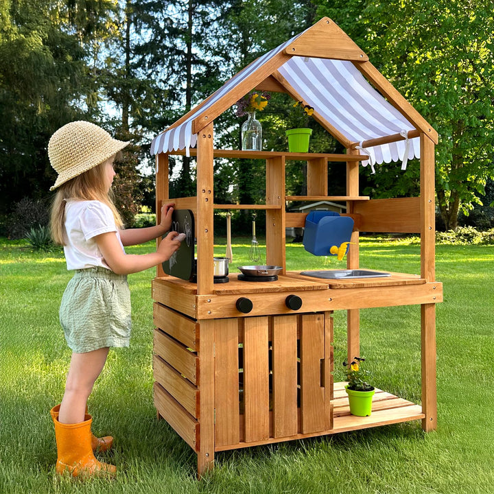 OOOK Outdoor Spielküche, Grosse Matschküche Outdoor aus Holz, Gartenspielküche mit Gartenspüle, Töpf