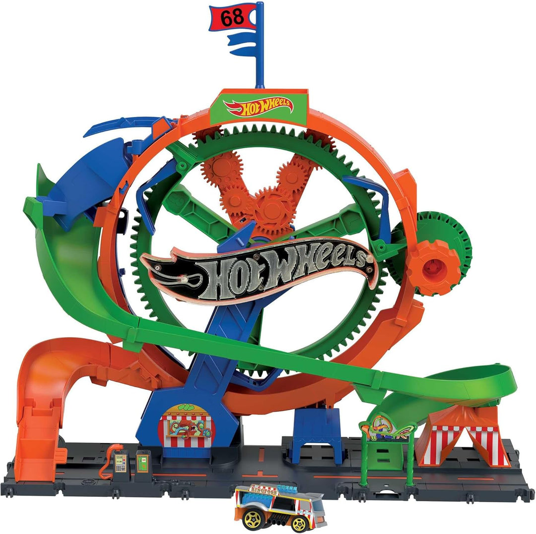 Hot Wheels City Trackset mit 1 Hot Wheels Auto, vom Kind aktiviertes Riesenrad mit Kirmeslichtern un