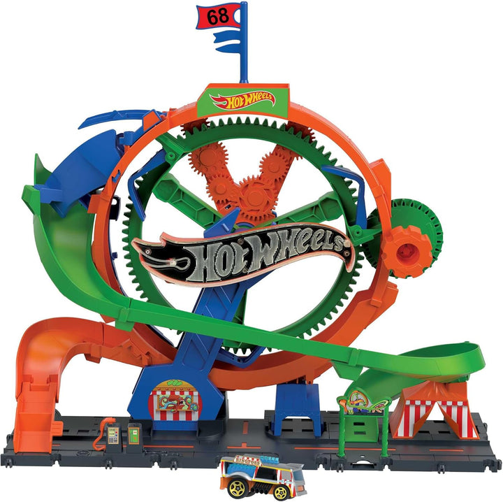Hot Wheels City Trackset mit 1 Hot Wheels Auto, vom Kind aktiviertes Riesenrad mit Kirmeslichtern un