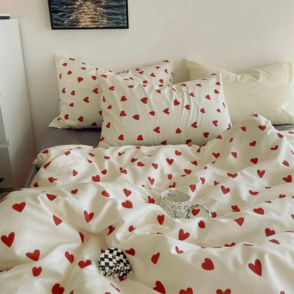 Bettwäsche 135x200 Mädchen Rot Weiss Herzen Kinder Bettwäsche Set Microfaser Herzchen Bettbezug und