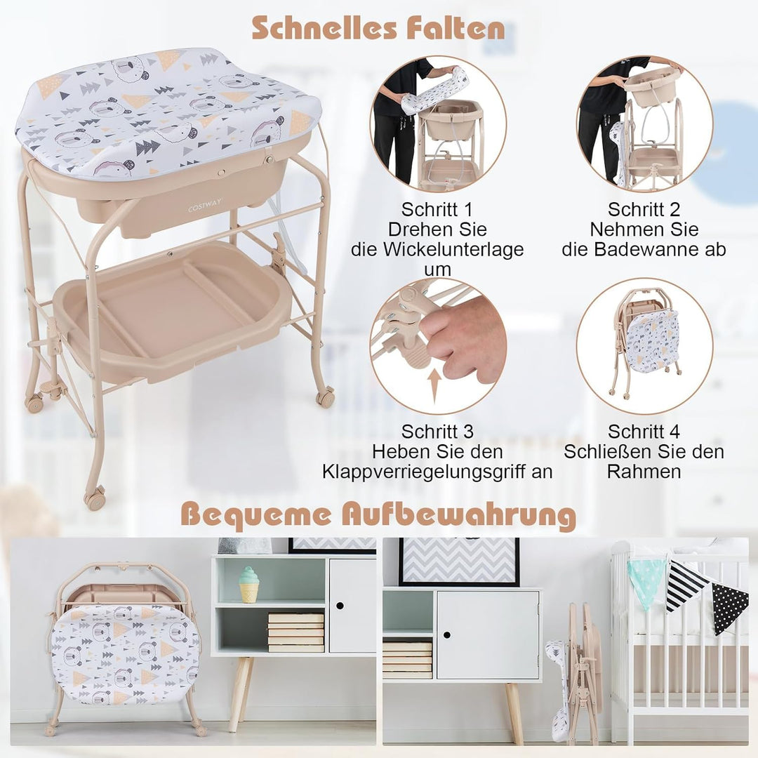 COSTWAY 4 in 1 Wickeltisch mit Badewanne, tragbare Wickelkommode mit PVC-Auflage & Abflussrohre, mob
