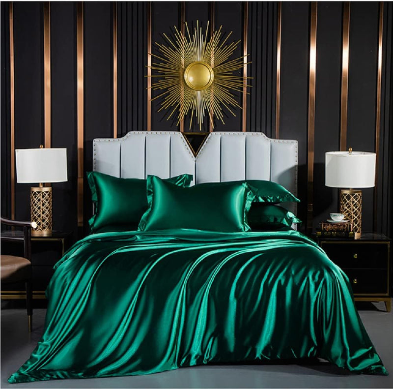 Luofanfei Bettwäsche 135x200 cm 4teilig Grün Dunkelgrün Satin Glänzend Einfarbig Bettwäsche Set Seid