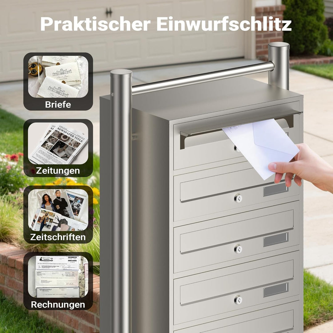 Wiltec 6er Briefkastenanlage Edelstahl 556 x 270 x 1500 mm, Standbriefkasten mit 6 Fächern, Schlüsse