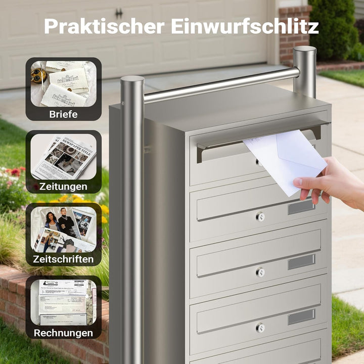 Wiltec 6er Briefkastenanlage Edelstahl 556 x 270 x 1500 mm, Standbriefkasten mit 6 Fächern, Schlüsse
