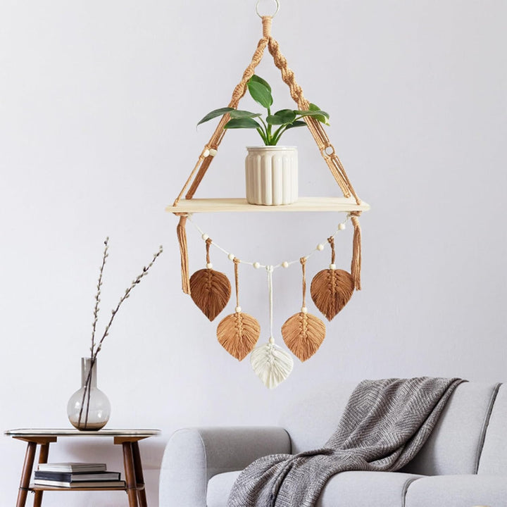 Makramee Holz Wandregal,Boho Hängeregal Wand Deko 40x 90x14 cm Pflanzenregal, Bücherregal Badezimmer