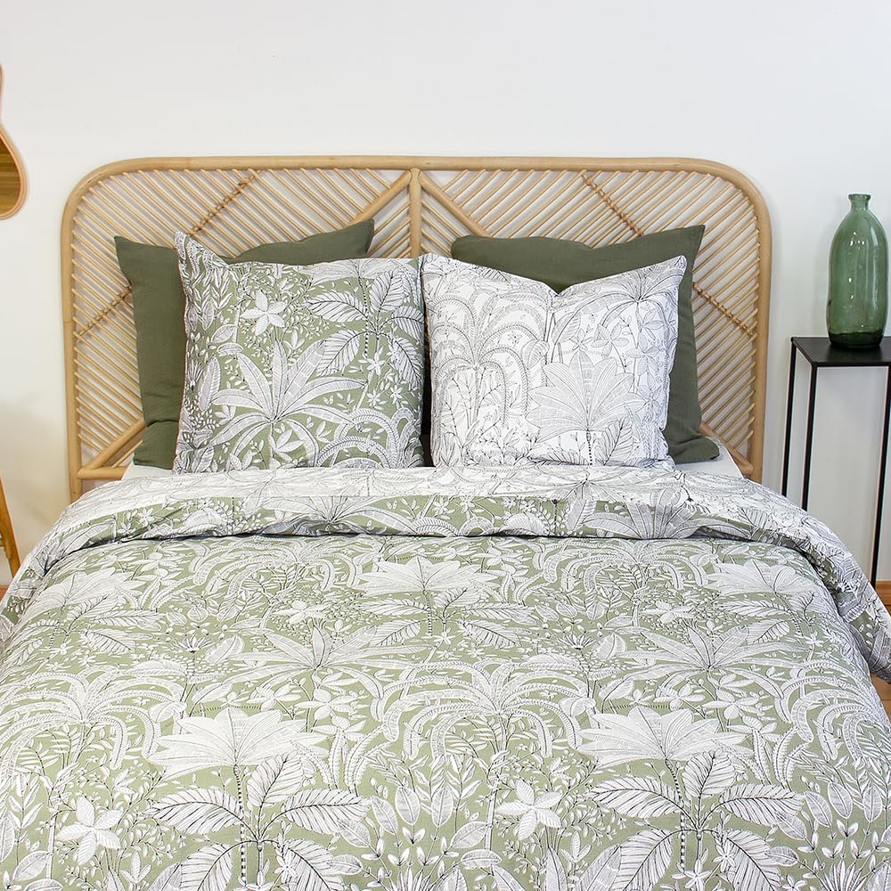 CÔTE DECO Bettwäsche, 220 x 240 cm, geometrisch und Blumen grün – 3-teilig | 1 Bettbezug für Erwachs