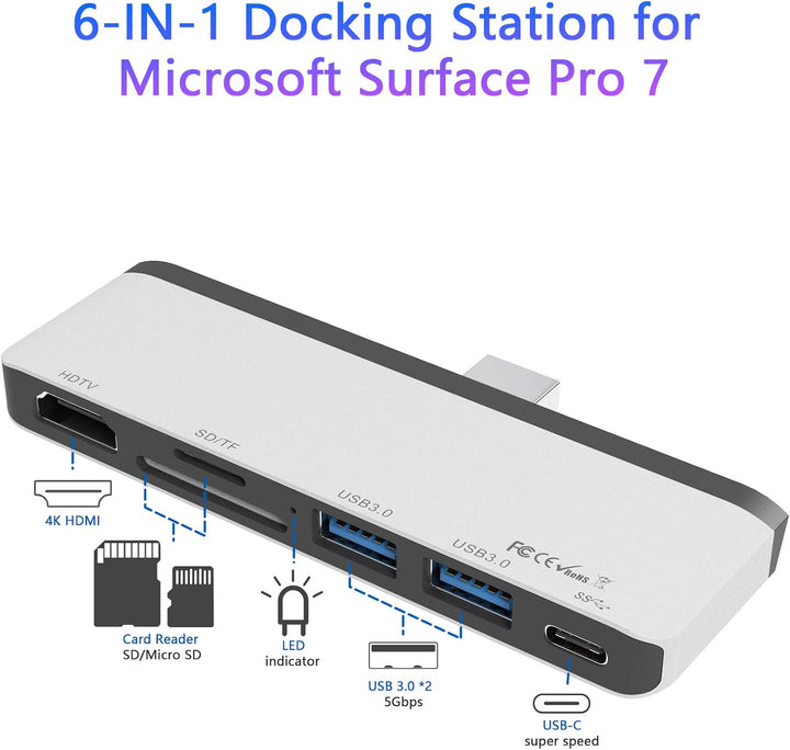 Rytaki Microsoft Surface Pro 7 USB C Hub Docking Station, 6-in-2 Aluminium Surface Pro 7 USB Hub mit