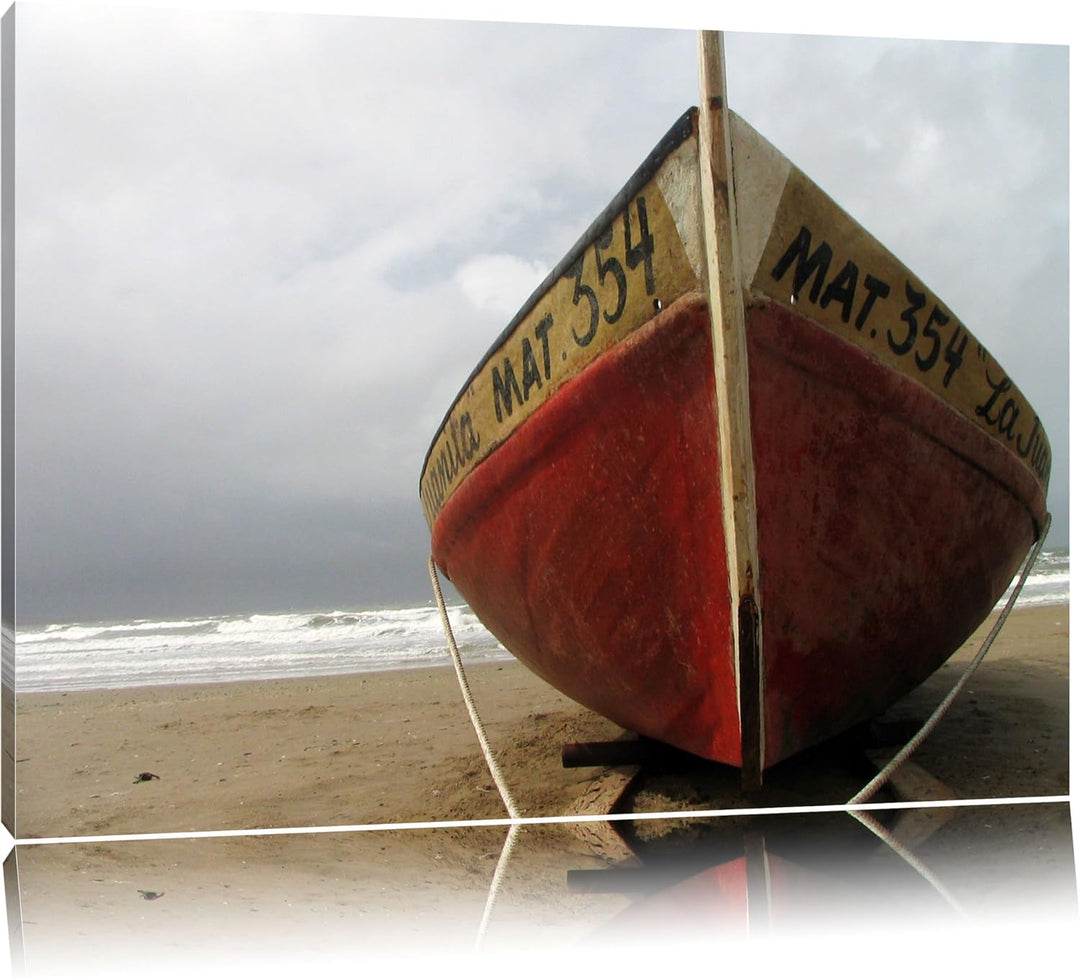 Pixxprint kleines Segelboot am Strand auf Leinwand, XXL riesige Bilder fertig gerahmt mit Keilrahmen