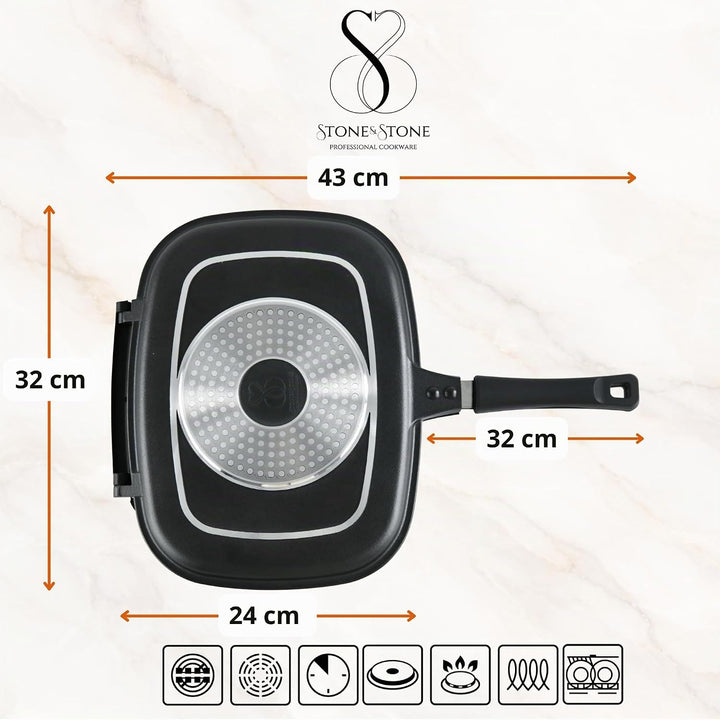 Stone&amp;Stone Doppelseitige Grillpfannen 32 cm, steinbeschichtete Antihaftpfannen Deutsche Qualität Gr