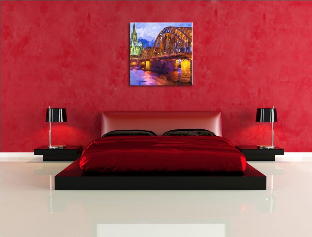 Brücke bei Nacht, Format: 70x70 auf Leinwand, XXL riesige Bilder fertig gerahmt mit Keilrahmen, Kuns