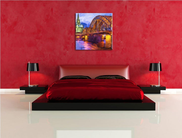 Brücke bei Nacht, Format: 70x70 auf Leinwand, XXL riesige Bilder fertig gerahmt mit Keilrahmen, Kuns