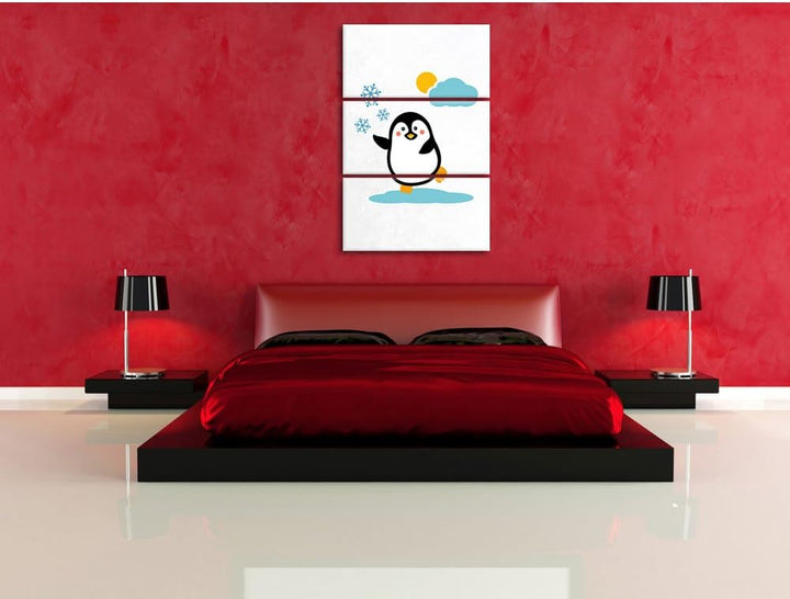 Süsser Pinguin auf EIS als Leinwandbild/Grösse: 3 Teilig (120x80) cm/Wandbild/Kunstdruck/fertig besp