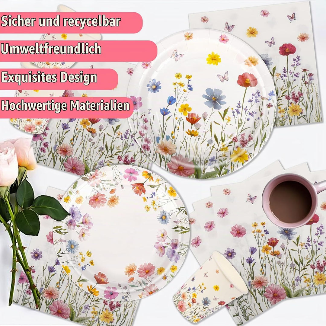 Aitsite 100 Stück Frische Blumen Partygeschirr Set, Blumen Partyteller Geburtstag für 20 Gäste, Fris