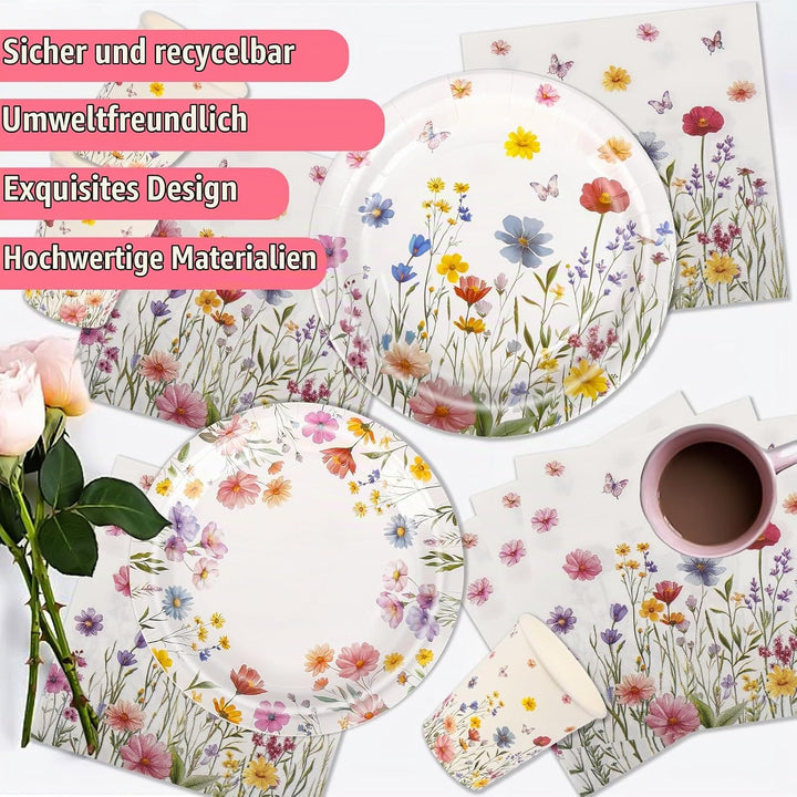 Aitsite 100 Stück Frische Blumen Partygeschirr Set, Blumen Partyteller Geburtstag für 20 Gäste, Fris