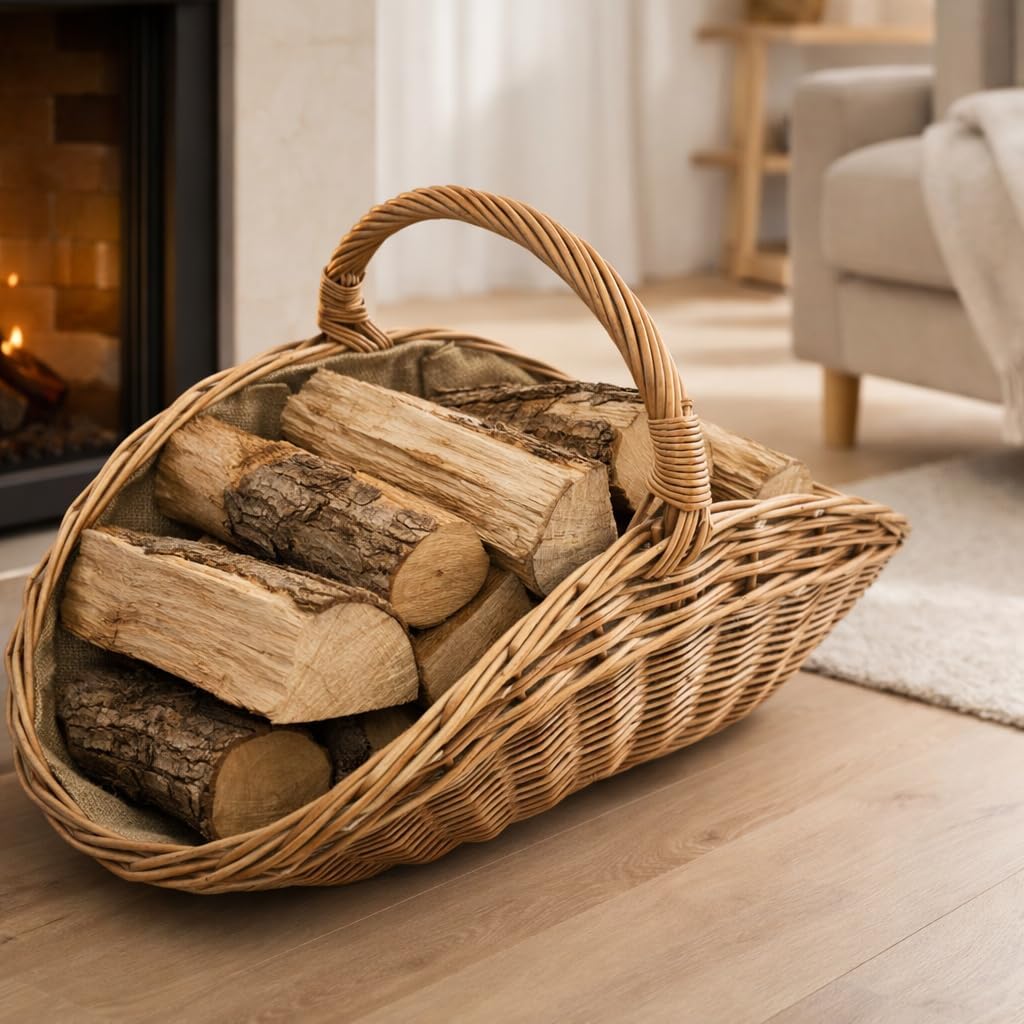 Kaminholzkorb aus Rindenweide mit Jutefutter (72 × 42 × 25/39 cm) – Handgeflochtener Weidenkorb zum