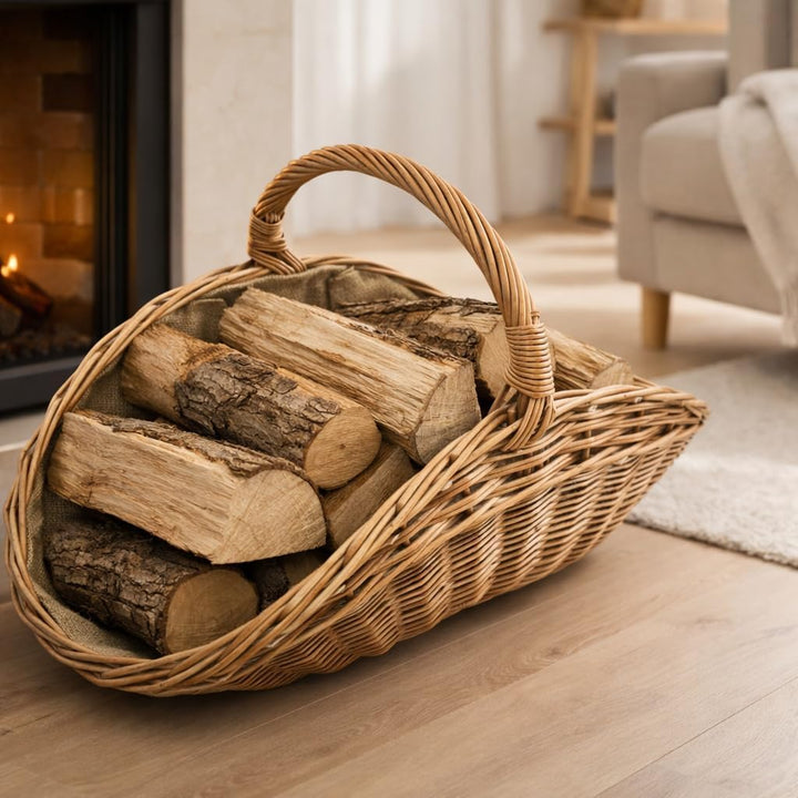 Kaminholzkorb aus Rindenweide mit Jutefutter (72 × 42 × 25/39 cm) – Handgeflochtener Weidenkorb zum