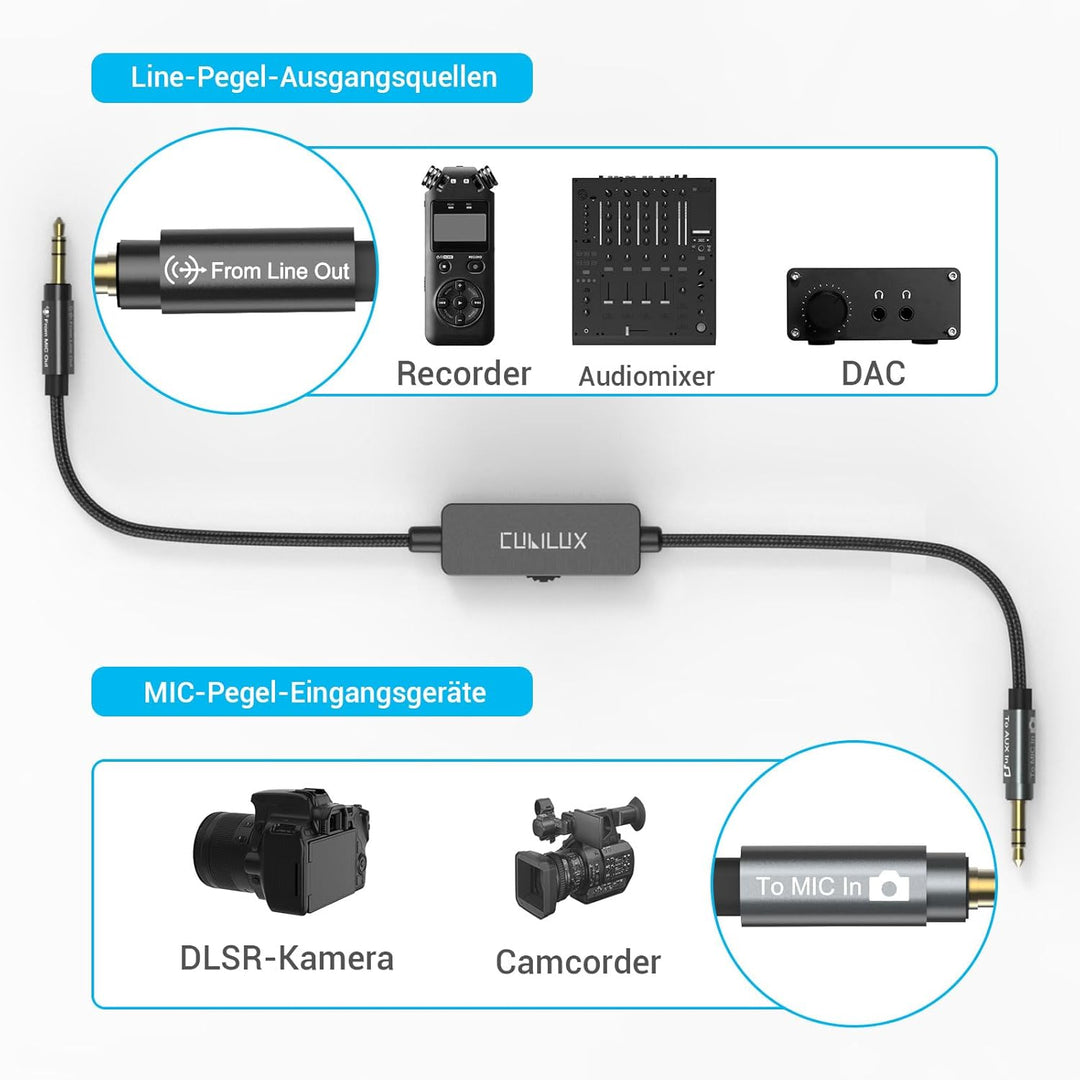 Cubilux 3,5 mm TRS Line Out zu Mikrofon In Attenuator Kabel, Line Level zu Mic Level Dämpfung mit Ro