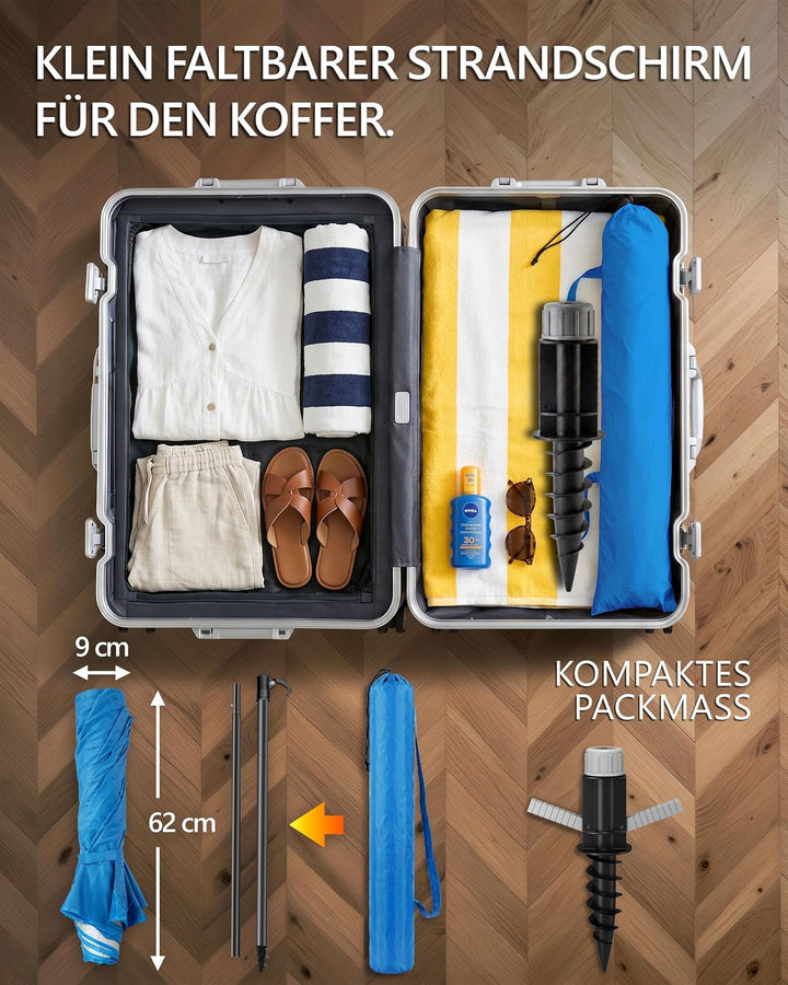 4smile Sonnenschirm Strand SunnyJoy 3-IN-1-SET, Fb. Blau - Strandschirm Ø 180 cm + Bodenhülse + Schu