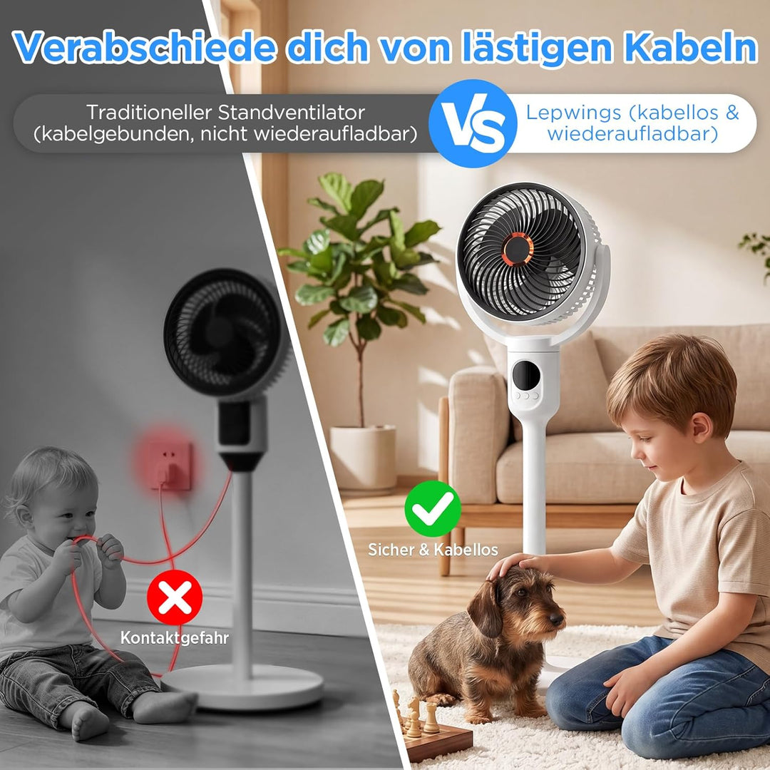 Lepwings Standventilator Leise mit Fernbedienung, 2-in-1 Akkuventilator 10400 mAh, USB-C wiederaufla