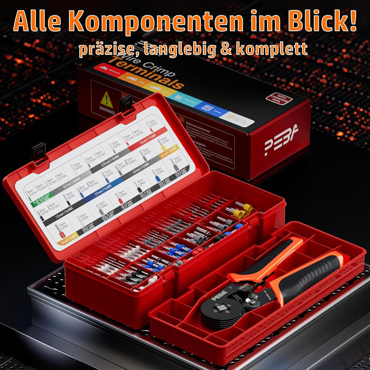 PEBA Vierkant Crimpzange Set 0,08–10 mm² – selbstjustierende Ratschen-Crimpzange mit 28 Grössen Ader