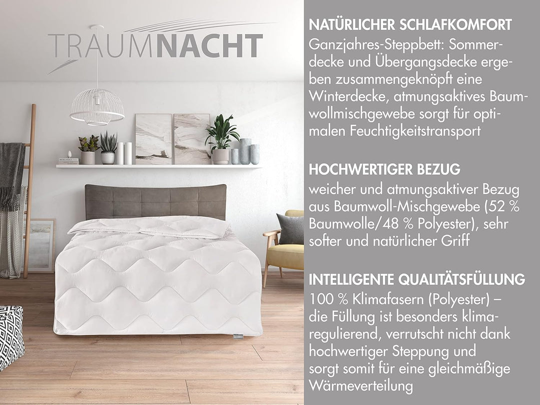 Traumnacht Comfy Cotton 4-Jahreszeiten teilbare Bettdecke, aus Baumwolle, Weiss, 135 x 200 cm, wasch