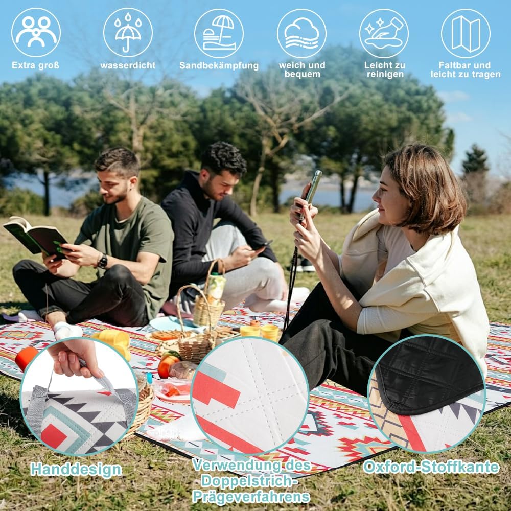 200 x 200 cm Picknickdecke Wasserdicht, Streifen Sandfeste Stranddecke Tragbare Stranddecke XXL Camp