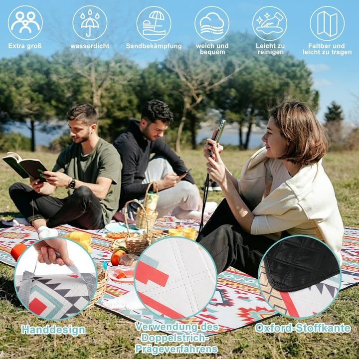 200 x 200 cm Picknickdecke Wasserdicht, Streifen Sandfeste Stranddecke Tragbare Stranddecke XXL Camp