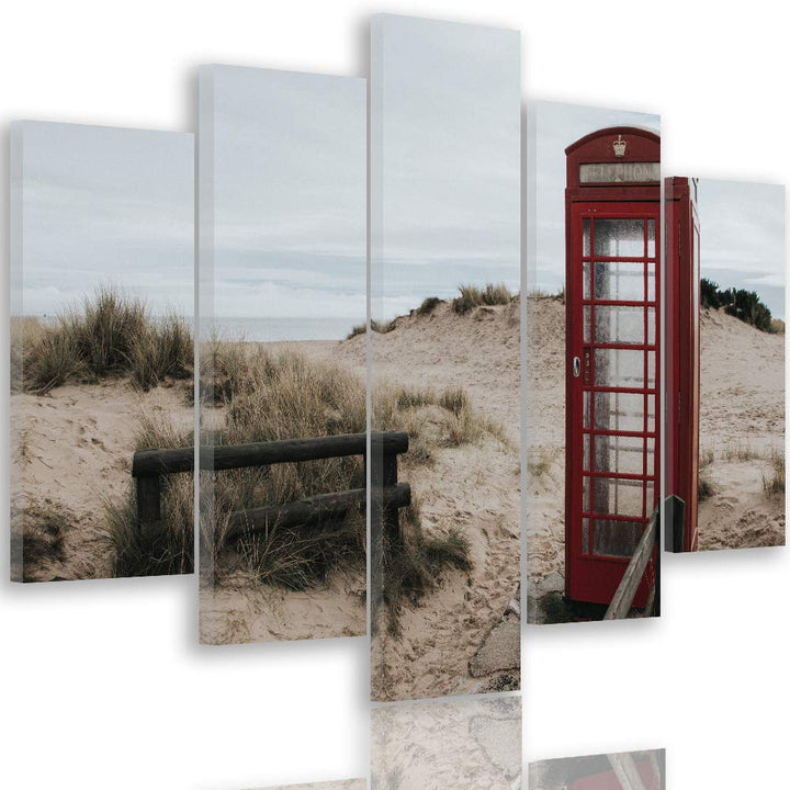 Feeby Bild auf Leinwand Landschaft 5 Teilig Modern Telefonzelle Strand Sand rot 150x100 cm Leinwandb
