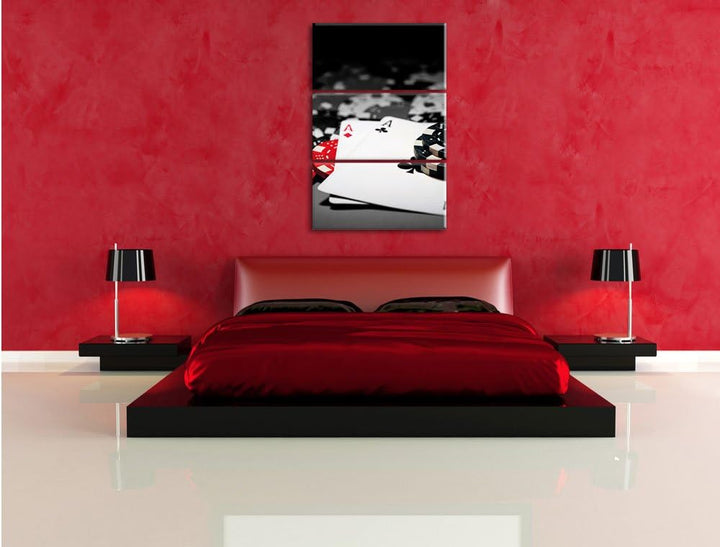 Pixxprint Spielkarten auf Pokertisch als Leinwandbild 3 teilig/Grösse: 3 Teilig (120x80) / Wandbild/