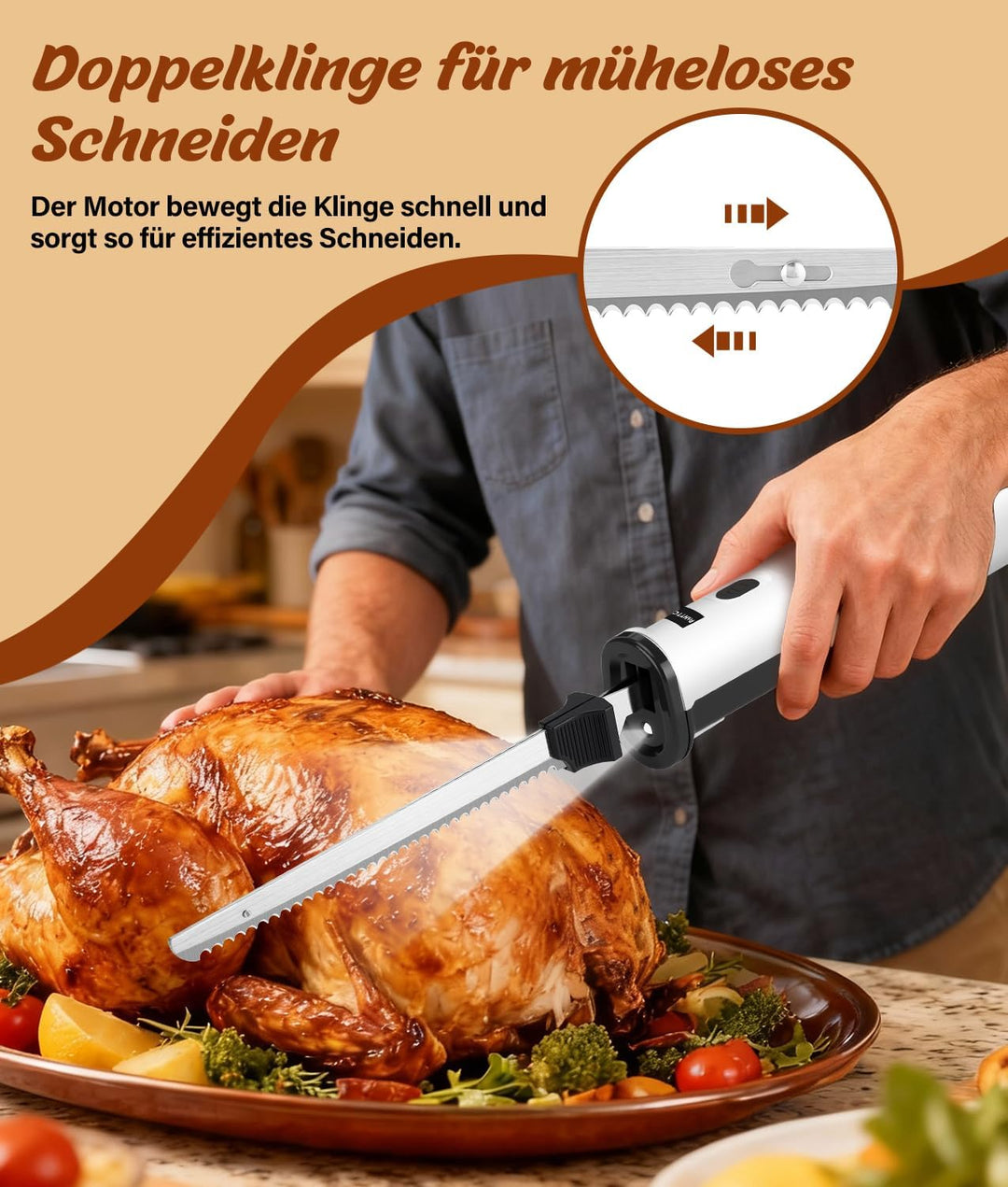 Elektromesser 8 V, Elektrisches Küchenmesser kabellos mit 2 scharfen Edelstahlklingen und Gabel, Sic