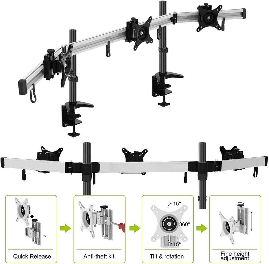 HFTEK 3-Fach Monitorarm - Tischhalterung für 3 Bildschirme von 15 – 27 Zoll mit VESA 75 / 100