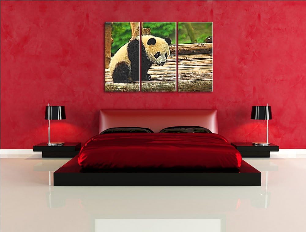 niedlicher junger Panda auf Holzstämmen NewArt 3-Teiler Leinwandbild 120x80 Bild auf Leinwand, XXL r