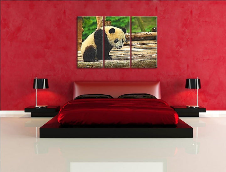 niedlicher junger Panda auf Holzstämmen NewArt 3-Teiler Leinwandbild 120x80 Bild auf Leinwand, XXL r