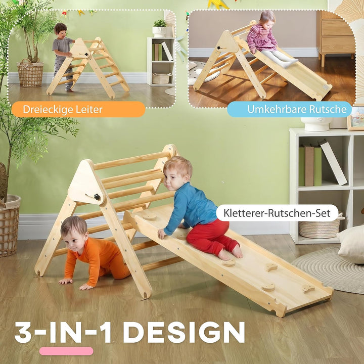AIYAPLAY 2-in-1 Montessori Klettergerüst aus Naturholz Indoor Kletterdreieck mit Rutsche Indoor Spie