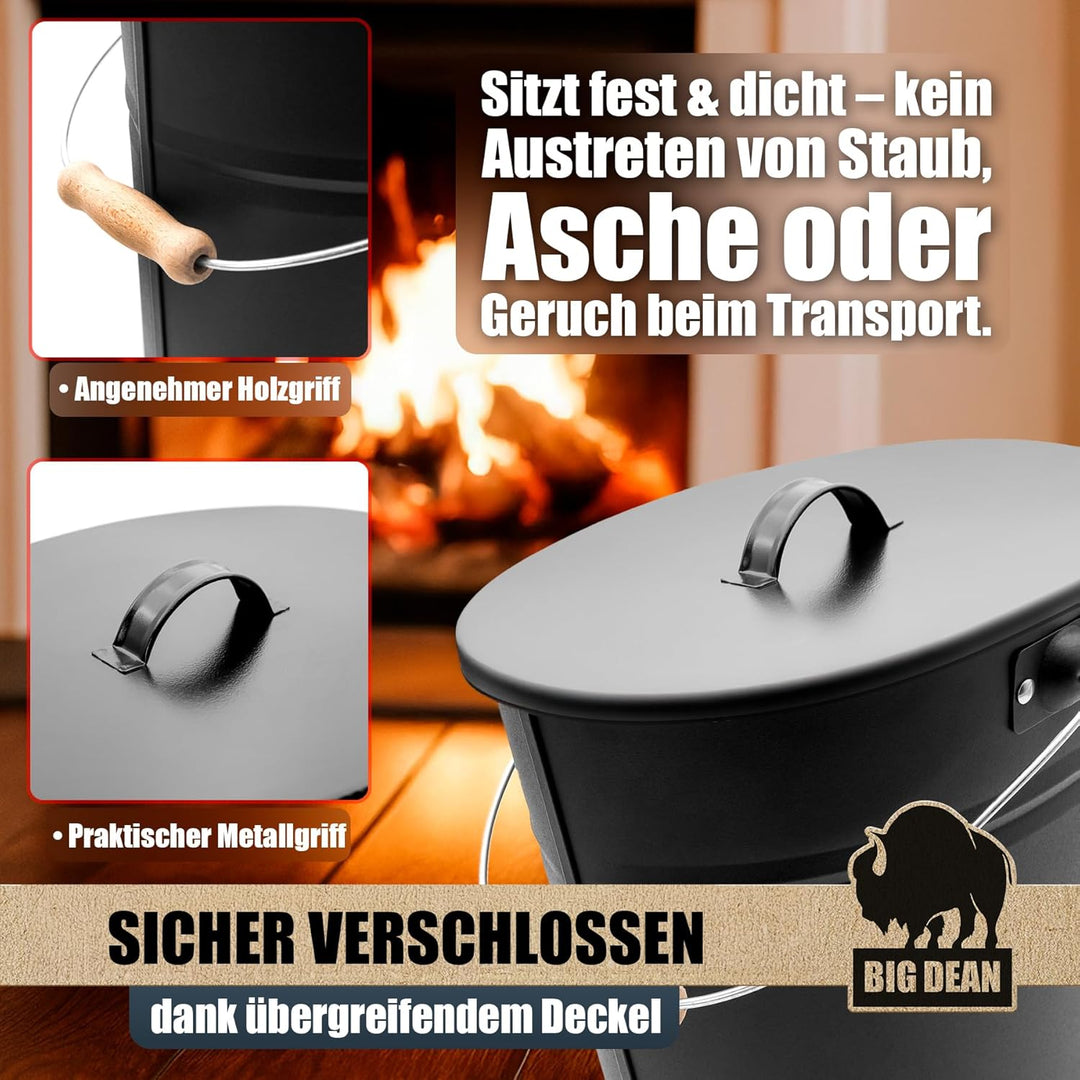 BigDean Ascheeimer mit Deckel 15 Liter mit Griff Ascheimer Oval